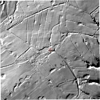 Shaded relief map of the ground around PR33BN, computed from Environment Agency LiDAR. The ground here sits at about 72 m above sea level and falls 20 m across the surrounding 800 m. Surface water reaching this point runs off ground lying to the west-south-west, 2.9 m higher.