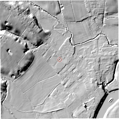 Shaded relief map of the ground around PR33XJ, computed from Environment Agency LiDAR. The ground here sits at about 29 m above sea level and falls 30 m across the surrounding 800 m. Surface water reaching this point runs off ground lying to the west, 9.0 m higher.