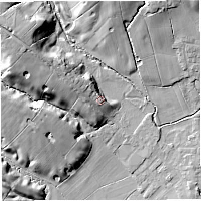 Shaded relief map of the ground around PR33XL, computed from Environment Agency LiDAR. The ground here sits at about 38 m above sea level and falls 31 m across the surrounding 800 m. Surface water reaching this point runs off ground lying to the west-north-west, 9.3 m higher.