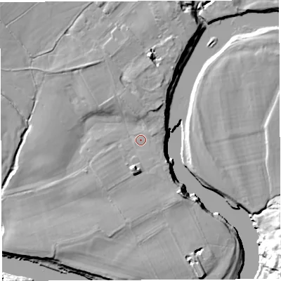 Shaded relief map of the ground around PR33XS, computed from Environment Agency LiDAR. The ground here sits at about 25 m above sea level and falls 22 m across the surrounding 800 m. Surface water reaching this point runs off ground lying to the south-south-west, 4.4 m higher.