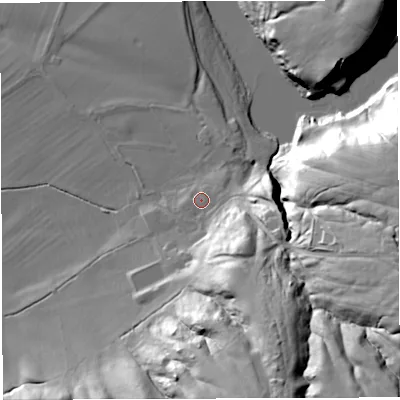 Shaded relief map of the ground around PR33XU, computed from Environment Agency LiDAR. The ground here sits at about 32 m above sea level and falls 45 m across the surrounding 800 m. Surface water reaching this point runs off ground lying to the south-east, 20.8 m higher.