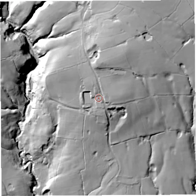 Shaded relief map of the ground around PR33XX, computed from Environment Agency LiDAR. The ground here sits at about 87 m above sea level and falls 68 m across the surrounding 800 m. Surface water reaching this point runs off ground lying to the north-north-east, 19.1 m higher.