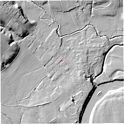 Shaded relief map of the ground around PR33YE, computed from Environment Agency LiDAR. The ground here sits at about 28 m above sea level and falls 26 m across the surrounding 800 m. Surface water reaching this point runs off ground lying to the north-north-west, 1.6 m higher.
