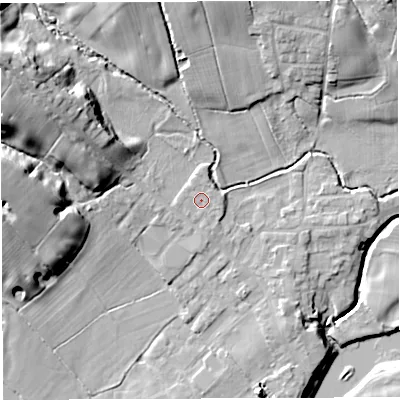 Shaded relief map of the ground around PR33YG, computed from Environment Agency LiDAR. The ground here sits at about 29 m above sea level and falls 28 m across the surrounding 800 m. Surface water reaching this point runs off ground lying to the north-north-west, 0.8 m higher.