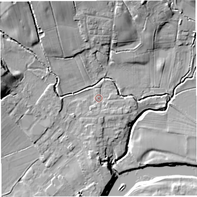 Shaded relief map of the ground around PR33YL, computed from Environment Agency LiDAR. The ground here sits at about 27 m above sea level and falls 19 m across the surrounding 800 m. Surface water reaching this point runs off ground lying to the south, 1.5 m higher.