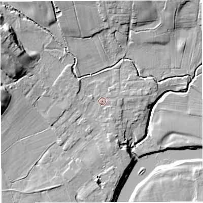 Shaded relief map of the ground around PR33YP, computed from Environment Agency LiDAR. The ground here sits at about 28 m above sea level and falls 21 m across the surrounding 800 m. Surface water reaching this point runs off ground lying to the west, 1.7 m higher.