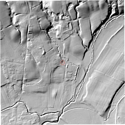 Shaded relief map of the ground around PR33YQ, computed from Environment Agency LiDAR. The ground here sits at about 29 m above sea level and falls 30 m across the surrounding 800 m. Surface water reaching this point runs off ground lying to the north-north-west, 19.8 m higher.