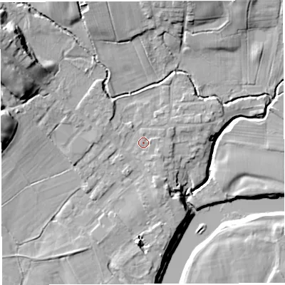 Shaded relief map of the ground around PR33ZG, computed from Environment Agency LiDAR. The ground here sits at about 28 m above sea level and falls 22 m across the surrounding 800 m. Surface water reaching this point runs off ground lying to the south-south-east, 1.2 m higher.