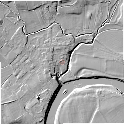 Shaded relief map of the ground around PR33ZJ, computed from Environment Agency LiDAR. The ground here sits at about 26 m above sea level and falls 12 m across the surrounding 800 m. Surface water reaching this point runs off ground lying to the west-north-west, 3.2 m higher.