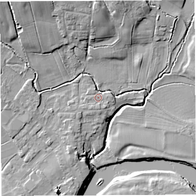 Shaded relief map of the ground around PR33ZL, computed from Environment Agency LiDAR. The ground here sits at about 27 m above sea level and falls 18 m across the surrounding 800 m. Surface water reaching this point runs off ground lying to the south-west, 1.3 m higher.