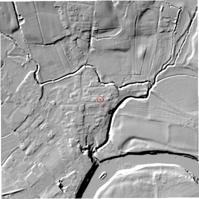 Shaded relief map of the ground around PR33ZP, computed from Environment Agency LiDAR. The ground here sits at about 28 m above sea level and falls 16 m across the surrounding 800 m. Surface water reaching this point runs off ground lying to the west, 1.2 m higher.