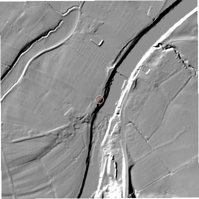 Shaded relief map of the ground around PR33ZQ, computed from Environment Agency LiDAR. The ground here sits at about 27 m above sea level and falls 19 m across the surrounding 800 m. Surface water reaching this point runs off ground lying to the north-north-east, 6.1 m higher.