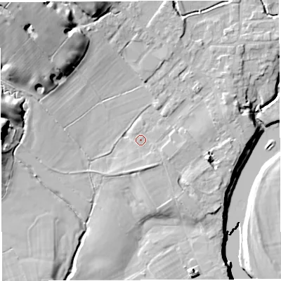 Shaded relief map of the ground around PR33ZR, computed from Environment Agency LiDAR. The ground here sits at about 28 m above sea level and falls 28 m across the surrounding 800 m. Surface water reaching this point runs off ground lying to the east-south-east, 1.3 m higher.