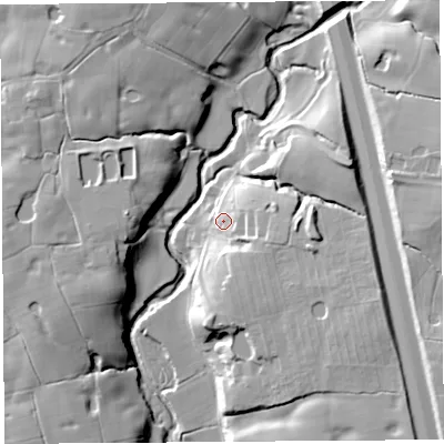 Shaded relief map of the ground around PR35AU, computed from Environment Agency LiDAR. The ground here sits at about 35 m above sea level and falls 19 m across the surrounding 800 m. Surface water reaching this point runs off ground lying to the east-south-east, 9.1 m higher.