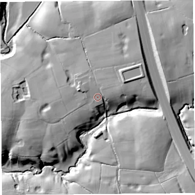 Shaded relief map of the ground around PR35DE, computed from Environment Agency LiDAR. The ground here sits at about 38 m above sea level and falls 19 m across the surrounding 800 m. Surface water reaching this point runs off ground lying to the east-north-east, 4.7 m higher.