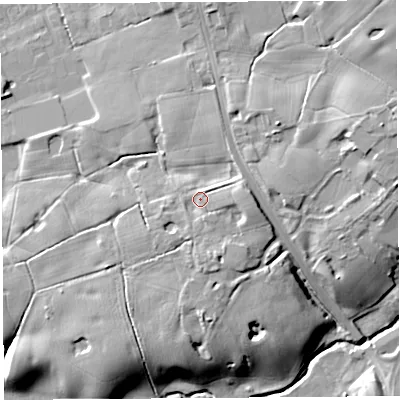 Shaded relief map of the ground around PR35JA, computed from Environment Agency LiDAR. The ground here sits at about 44 m above sea level and falls 17 m across the surrounding 800 m. Surface water reaching this point runs off ground lying to the east-south-east, 2.1 m higher.