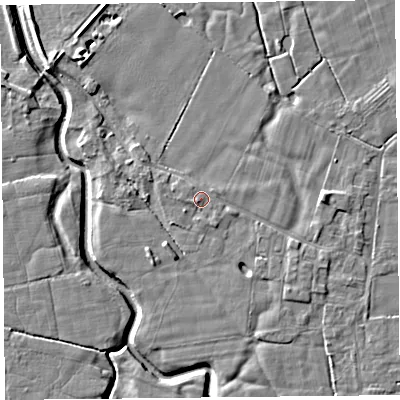 Shaded relief map of the ground around PR36AB, computed from Environment Agency LiDAR. The ground here sits at about 6 m above sea level and falls 5 m across the surrounding 800 m. Surface water reaching this point runs off ground lying to the south-west, 0.6 m higher.