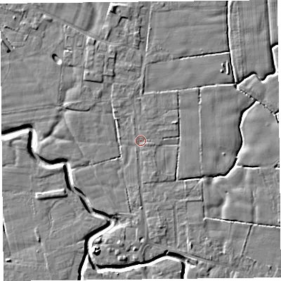 Shaded relief map of the ground around PR36AE, computed from Environment Agency LiDAR. The ground here sits at about 5 m above sea level and falls 7 m across the surrounding 800 m. Surface water reaching this point runs off ground lying to the south-south-east, 0.7 m higher.