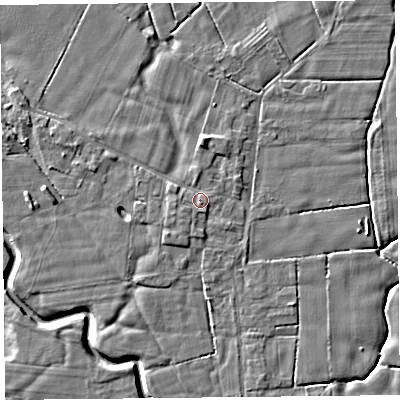 Shaded relief map of the ground around PR36AF, computed from Environment Agency LiDAR. The ground here sits at about 6 m above sea level and falls 5 m across the surrounding 800 m. Surface water reaching this point runs off ground lying to the west-south-west, 0.9 m higher.