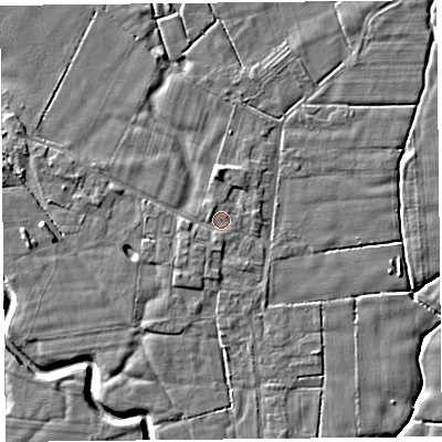 Shaded relief map of the ground around PR36AG, computed from Environment Agency LiDAR. The ground here sits at about 6 m above sea level and falls 5 m across the surrounding 800 m. Surface water reaching this point runs off ground lying to the south-west, 0.8 m higher.