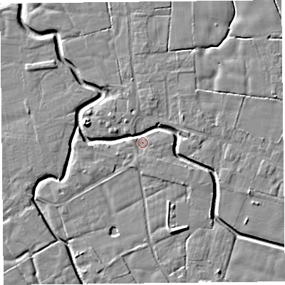 Shaded relief map of the ground around PR36AH, computed from Environment Agency LiDAR. The ground here sits at about 5 m above sea level and falls 7 m across the surrounding 800 m. Surface water reaching this point runs off ground lying to the west-north-west, 3.6 m higher.
