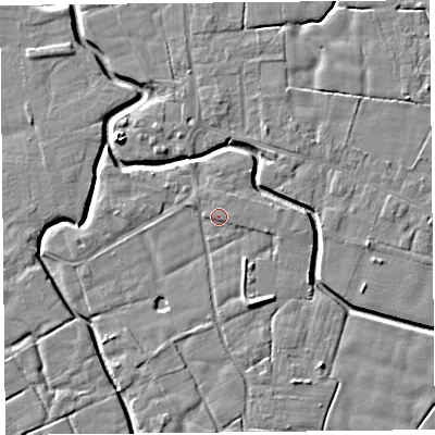 Shaded relief map of the ground around PR36AJ, computed from Environment Agency LiDAR. The ground here sits at about 6 m above sea level and falls 7 m across the surrounding 800 m. Surface water reaching this point runs off ground lying to the east-south-east, 1.2 m higher.
