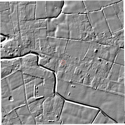 Shaded relief map of the ground around PR36AL, computed from Environment Agency LiDAR. The ground here sits at about 6 m above sea level and falls 5 m across the surrounding 800 m. Surface water reaching this point runs off ground lying to the west-north-west, 1.7 m higher.