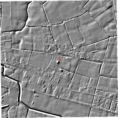 Shaded relief map of the ground around PR36AN, computed from Environment Agency LiDAR. The ground here sits at about 5 m above sea level and falls 5 m across the surrounding 800 m. Surface water reaching this point runs off ground lying to the south-south-west, 2.3 m higher.