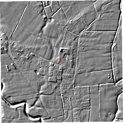 Shaded relief map of the ground around PR36AP, computed from Environment Agency LiDAR. The ground here sits at about 6 m above sea level and falls 5 m across the surrounding 800 m. Surface water reaching this point runs off ground lying to the west, 0.7 m higher.