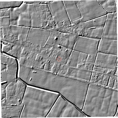 Shaded relief map of the ground around PR36AQ, computed from Environment Agency LiDAR. The ground here sits at about 5 m above sea level and falls 5 m across the surrounding 800 m. Surface water reaching this point runs off ground lying to the west-south-west, 1.4 m higher.