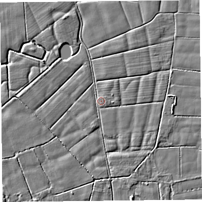 Shaded relief map of the ground around PR36AS, computed from Environment Agency LiDAR. The ground here sits at about 5 m above sea level and falls 3 m across the surrounding 800 m. Surface water reaching this point runs off ground lying to the south-south-west, 1.0 m higher.