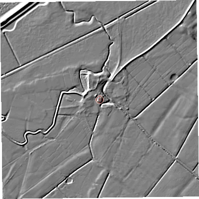 Shaded relief map of the ground around PR36AT, computed from Environment Agency LiDAR. The ground here sits at about 7 m above sea level and falls 5 m across the surrounding 800 m. Surface water reaching this point runs off ground lying to the south, 2.8 m higher.