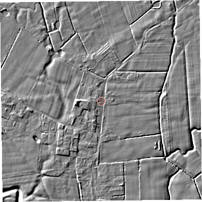 Shaded relief map of the ground around PR36AU, computed from Environment Agency LiDAR. The ground here sits at about 5 m above sea level and falls 5 m across the surrounding 800 m. Surface water reaching this point runs off ground lying to the west-south-west, 1.2 m higher.