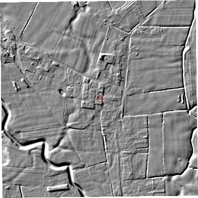 Shaded relief map of the ground around PR36AW, computed from Environment Agency LiDAR. The ground here sits at about 6 m above sea level and falls 5 m across the surrounding 800 m. Surface water reaching this point runs off ground lying to the south, 0.9 m higher.