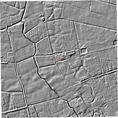 Shaded relief map of the ground around PR36AX, computed from Environment Agency LiDAR. The ground here sits at about 5 m above sea level and falls 4 m across the surrounding 800 m. Surface water reaching this point runs off ground lying to the south-east, 1.7 m higher.