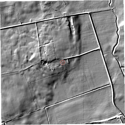 Shaded relief map of the ground around PR36BB, computed from Environment Agency LiDAR. The ground here sits at about 8 m above sea level and falls 7 m across the surrounding 800 m. Surface water reaching this point runs off ground lying to the west-north-west, 2.7 m higher.
