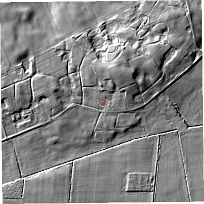 Shaded relief map of the ground around PR36BD, computed from Environment Agency LiDAR. The ground here sits at about 11 m above sea level and falls 11 m across the surrounding 800 m. Surface water reaching this point runs off ground lying to the north-north-east, 5.2 m higher.