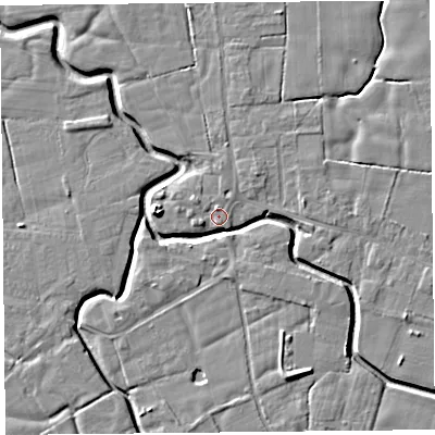 Shaded relief map of the ground around PR36BF, computed from Environment Agency LiDAR. The ground here sits at about 6 m above sea level and falls 7 m across the surrounding 800 m. Surface water reaching this point runs off ground lying to the west, 1.7 m higher.