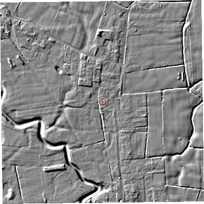 Shaded relief map of the ground around PR36BG, computed from Environment Agency LiDAR. The ground here sits at about 6 m above sea level and falls 5 m across the surrounding 800 m. Surface water reaching this point runs off ground lying to the north-west, 1.5 m higher.