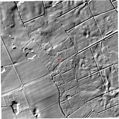 Shaded relief map of the ground around PR36BH, computed from Environment Agency LiDAR. The ground here sits at about 11 m above sea level and falls 13 m across the surrounding 800 m. Surface water reaching this point runs off ground lying to the south-west, 4.8 m higher.