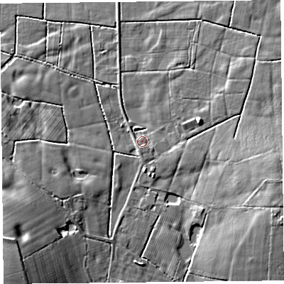 Shaded relief map of the ground around PR36BL, computed from Environment Agency LiDAR. The ground here sits at about 8 m above sea level and falls 13 m across the surrounding 800 m. Surface water reaching this point runs off ground lying to the west-south-west, 5.0 m higher.
