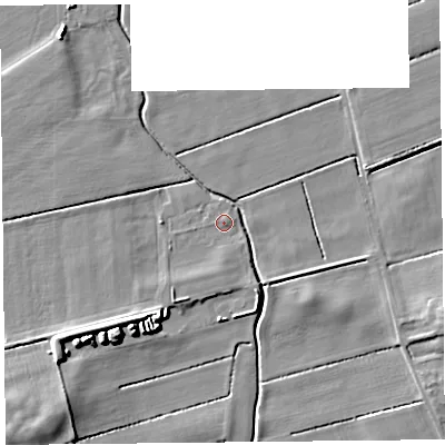 Shaded relief map of the ground around PR36BP, computed from Environment Agency LiDAR. The ground here sits at about 5 m above sea level and falls 9 m across the surrounding 800 m. Surface water reaching this point runs off ground lying to the south-south-west, 2.7 m higher.