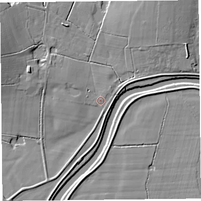 Shaded relief map of the ground around PR36BS, computed from Environment Agency LiDAR. The ground here sits at about 6 m above sea level and falls 11 m across the surrounding 800 m. Surface water reaching this point runs off ground lying to the west-north-west, 2.1 m higher.