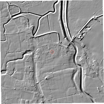 Shaded relief map of the ground around PR36BT, computed from Environment Agency LiDAR. The ground here sits at about 6 m above sea level and falls 6 m across the surrounding 800 m. Surface water reaching this point runs off ground lying to the north-east, 1.2 m higher.