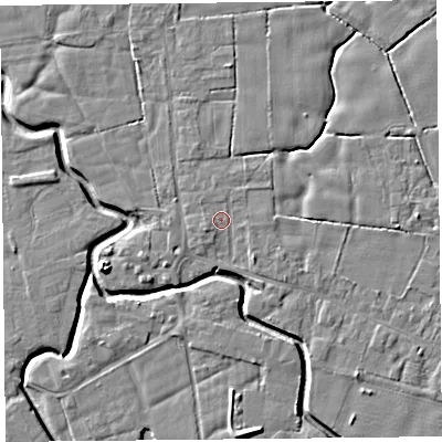Shaded relief map of the ground around PR36BU, computed from Environment Agency LiDAR. The ground here sits at about 5 m above sea level and falls 7 m across the surrounding 800 m. Surface water reaching this point runs off ground lying to the west-south-west, 0.8 m higher.