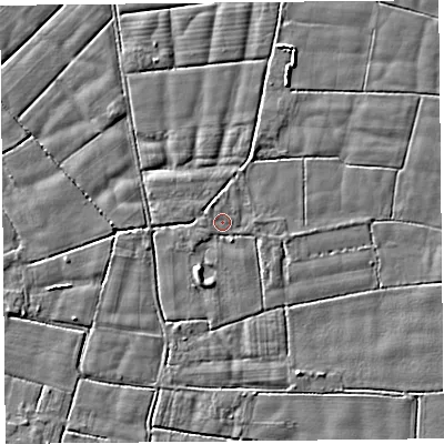 Shaded relief map of the ground around PR36BY, computed from Environment Agency LiDAR. The ground here sits at about 5 m above sea level and falls 3 m across the surrounding 800 m. Surface water reaching this point runs off ground lying to the south-south-east, 1.0 m higher.