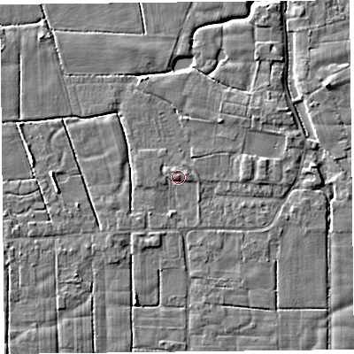 Shaded relief map of the ground around PR36BZ, computed from Environment Agency LiDAR. The ground here sits at about 6 m above sea level and falls 4 m across the surrounding 800 m. Surface water reaching this point runs off ground lying to the west, 1.1 m higher.