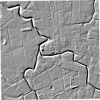 Shaded relief map of the ground around PR36DA, computed from Environment Agency LiDAR. The ground here sits at about 7 m above sea level and falls 7 m across the surrounding 800 m. Surface water reaching this point runs off ground lying to the south-south-east, 0.8 m higher.