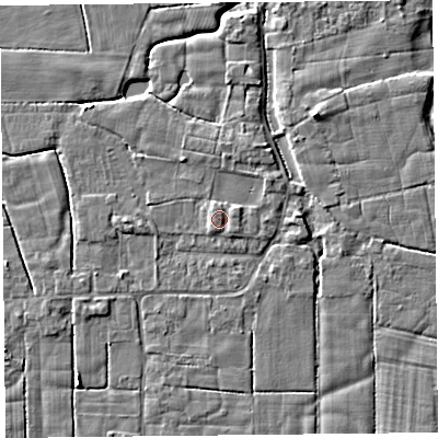 Shaded relief map of the ground around PR36DB, computed from Environment Agency LiDAR. The ground here sits at about 6 m above sea level and falls 4 m across the surrounding 800 m. Surface water reaching this point runs off ground lying to the east-north-east, 0.6 m higher.