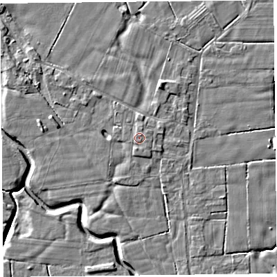 Shaded relief map of the ground around PR36DD, computed from Environment Agency LiDAR. The ground here sits at about 6 m above sea level and falls 5 m across the surrounding 800 m. Surface water reaching this point runs off ground lying to the south, 0.7 m higher.